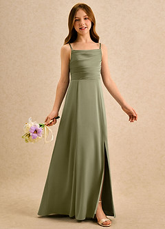 Azazie Chamomile Girls Formal Robe Demoiselle D'honneur Fillette Robe Trapèze en Satin extensible Plissée Pistache image2