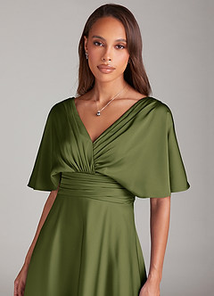 Azazie Pamela Bridesmaid Dresses Olive A-Line Pleated Stretch Satin Dress image5