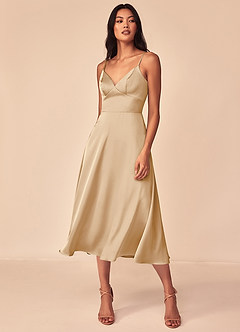 Azazie Dottie Bridesmaid Dresses Champagne A-Line Stretch Satin Dress image3