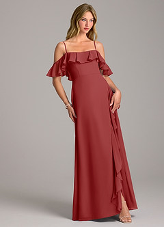 Azazie Aubrie Bridesmaid Dresses Rust A-Line Off the Shoulder Chiffon Dress image5