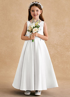 Azazie Honey Bear Flower Girl Dresses White A-Line Pleated Matte Satin Dress image3