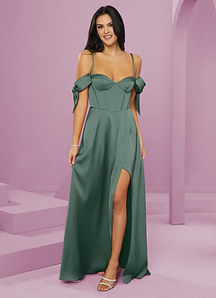 Barbie ♥ Azazie Final Sale Eucalyptus A-Line Off the Shoulder Stretch Satin Dress image6