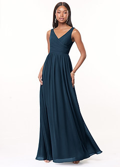 Azazie Keyla Bridesmaid Dresses Dark Navy A-Line V-Neck Pleated Chiffon Dress image1