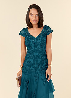 Azazie Romy Mother of the Bride Dresses Ink Blue Mermaid V-Neck Sequins Tulle Dress image5