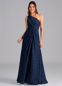 Azazie Brooke Bridesmaid Dresses Dark Navy A-Line One Shoulder Floral Burnout Dress image5