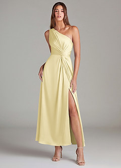Azazie Brooke Brautjungfernkleider A-Linie One-Shoulder Stretch-Satin Kleid Zitronensorbet image1