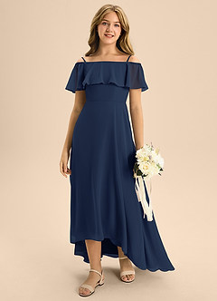 Azazie Maggie Junior Dark Navy A-Line Off the Shoulder Chiffon Dress image3
