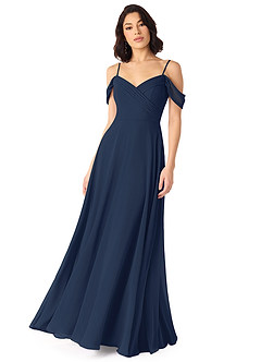 Azazie Tancie Bridesmaid Dresses Dark Navy A-Line Off the Shoulder Chiffon Convertible Dress image1