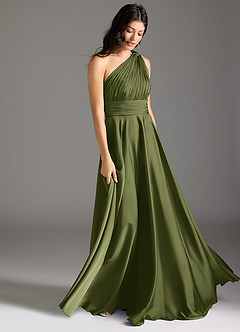 Azazie Charlize Bridesmaid Dresses Olive A-Line One Shoulder Stretch Satin Dress image3