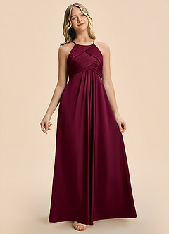 Azazie Ginny Junior Burgundy A-Line Pleated Stretch Satin Dress image3