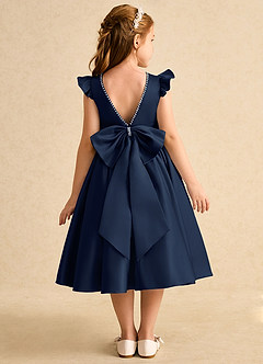 Azazie Dumpling Flower Girl Dresses Dark Navy A-Line Bow Matte Satin Dress image1