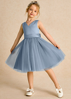 Azazie Tadpole Flower Girl Dresses Dusty Blue A-Line Pleated Matte Satin Dress image4