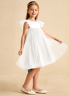 Azazie Munchkin Flower Girl Dresses Ivory Neptune A-Line Bow Tulle Dress image4