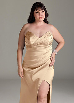Azazie Yola Bridesmaid Dresses Champagne Sheath V-Neck Pleated Stretch Satin Convertible Dress image13