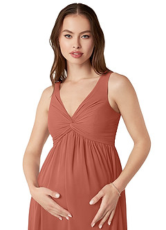 Azazie Yetta Maternity Bridesmaid Dresses A-Line V-Neck Gathered Chiffon Floor-Length Dress image6