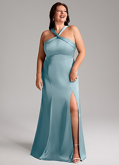 Azazie Rue Bridesmaid Dresses Moody Blue A-Line Pleated Stretch Satin Dress image11