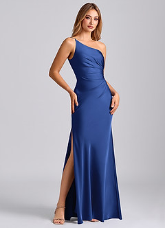 Azazie Marseli Bridesmaid Dresses Royal Blue Mermaid One Shoulder Stretch Satin Dress image4