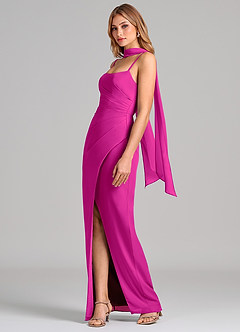 Azazie Calandra Robes de demoiselle d'honneur Robe Fourreau en Mousseline de soie Plissée Fuchsia image4