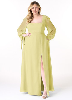 Azazie Leonia Bridesmaid Dresses Lemon Sorbet A-Line Long Sleeve Chiffon Dress image4