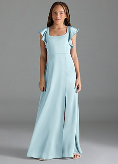 Azazie Bondi Junior Cloud Blue A-Line Side Slit Stretch Satin Dress image1