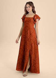 Azazie Bondi Junior Paprika A-Line Bow Floral Burnout Dress image1