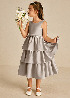 Azazie Margery Blumenmädchenkleider A-Linie Schleifen Stretch-Satin Kleid Frost image4