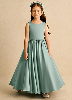 Azazie Nellia Blumenmädchenkleider A-Linie Schleifen Matte Satin Kleid Silberner Salbei image5