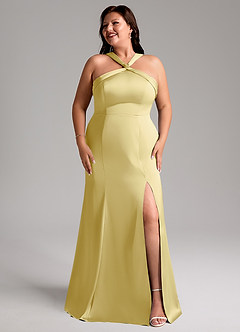 Azazie Rue Robes de demoiselle d'honneur Robe Trapèze en Satin extensible Plissée Sorbet Citron image10