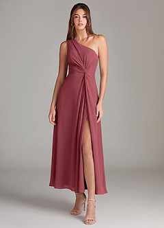 Azazie Brooke Vestidos de damas de honor Vestido de Merlot de Gasa de Corte en A con Hombro unilateral image1