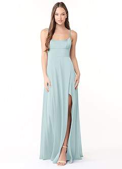 Azazie Halsey Brautjungfernkleider Etui Seitliche Cut-Outs Stretch-Satin Kleid Nebel image1