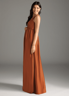Azazie Yetta At-home Try On Dresses A-Line Pleated Stretch Satin Floor-Length Dress image4
