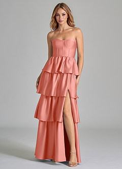 Azazie Faye Bridesmaid Dresses Coral A-Line Ruched Stretch Satin Dress image4
