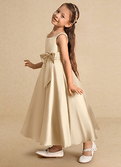 Azazie Lindy Flower Girl Dresses Champagne A-Line Pleated Matte Satin Dress image9