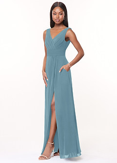 Azazie Karina Bridesmaid Dresses Moody Blue A-Line Pleated Chiffon Dress image3