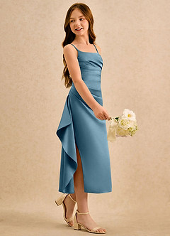 Azazie Canna Girls Formal Blomsterpigekjoler A-Line Plisseret Stræk satin Te-længde Kjole image1