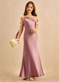 Azazie Almond Girls Formal vestidos de niña de las flores Vestido de Rosa Polvorienta de Satén Elástico de Corte Recto con Hombro unilateral image2