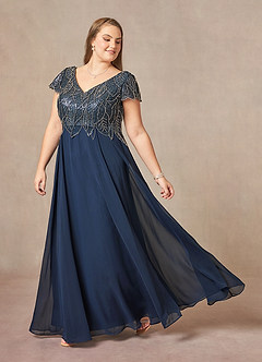 Dark Navy Azazie Eleanor A-Line Sequins Chiffon Floor-Length Dress | Azazie