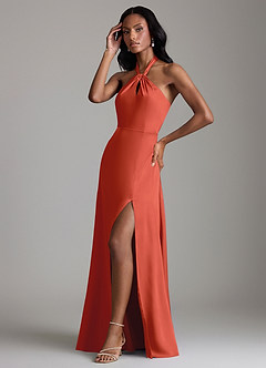 Azazie Tracie Bridesmaid Dresses Rust A-Line Side Slit Stretch Satin Dress image4