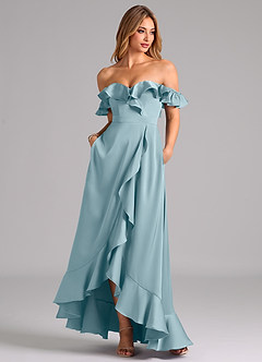 Azazie Lyra Bridesmaid Dresses Moody Blue A-Line Off the Shoulder Stretch Satin Convertible Dress image3