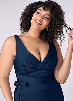 Barbie ♥ Azazie Bridesmaid Dresses Dark Navy A-Line Bow Stretch Satin Dress image9