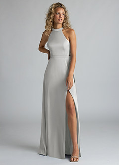 Azazie Clarice Bridesmaid Dresses Silver A-Line High Neck Stretch Satin Dress image5