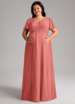 Azazie Verna vestidos de dama de honor de maternidad Vestido de Corte en A Cuello en V fruncido Hasta el suelo Gasa image11