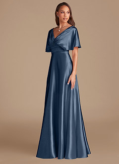 Azazie Pamela Bridesmaid Dresses Dark Navy A-Line Pleated Metallic Satin Dress image4