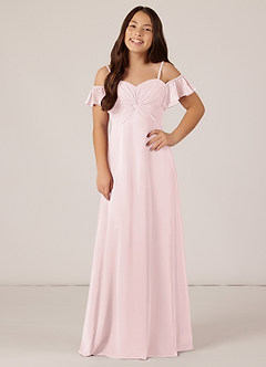 Azazie Juna Junior Robe Trapèze en Mousseline de soie Épaule décolletée Rose Pâle image1
