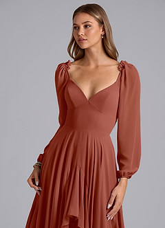 Azazie Karan Bridesmaid Dresses Auburn A-Line Long Sleeve Chiffon Dress image6
