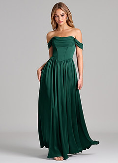 Azazie Raisa Abiti da Damigella Abito A-Line in Raso Elasticizzato a Spalla Scoperta Smeraldo image3