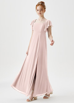 Azazie Bondi Junior Blushing Pink A-Line Side Slit Mesh Dress image6