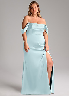 Azazie Saige Bridesmaid Dresses Cloud Blue Sheath Off the Shoulder Stretch Satin Dress image13