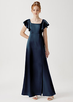 Azazie Bondi Junior A-Linie Seitliche Cut-Outs Metallischer Satin Kleid Dunkelmarine image1