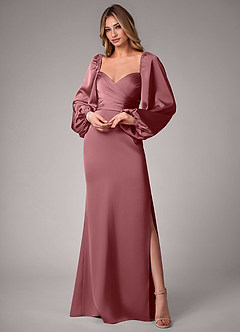 Azazie Sonata Bridesmaid Dresses Desert Rose Sheath Long Sleeve Stretch Satin Convertible Dress image1